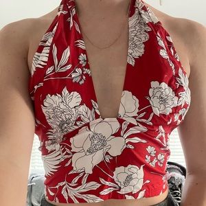 Red and white flower print halter tank